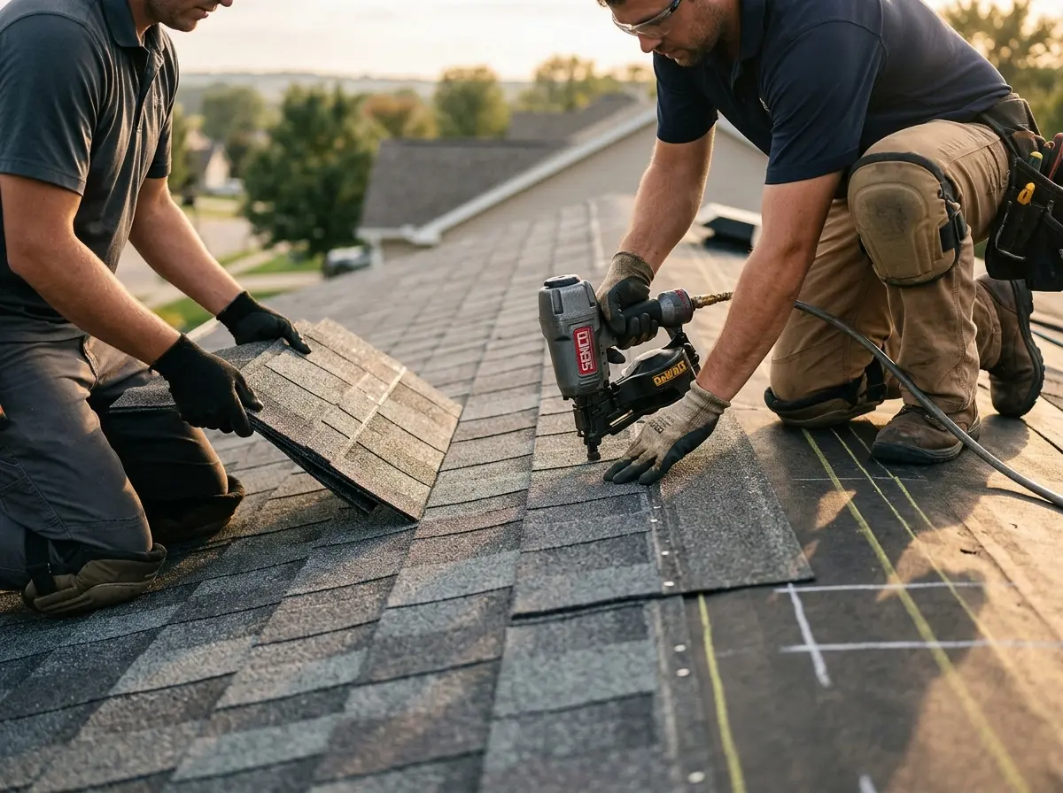 Professional roofer working on a residential roof in South Strabane